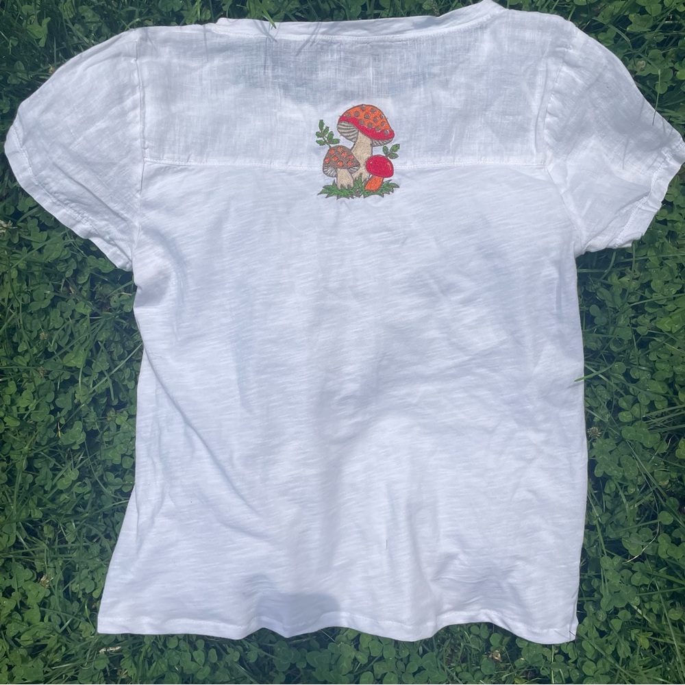 Upcycled Merry Mushroom Embroidered Linen T-shirt hand made size S/M 70s sears